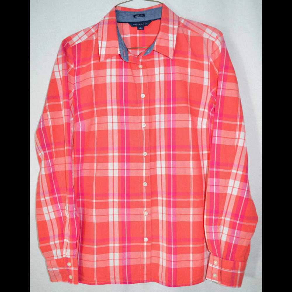 Tommy Hilfiger Classic Fit Blouse Button Front Coral/Pink Plaid Juniors/Misses M
